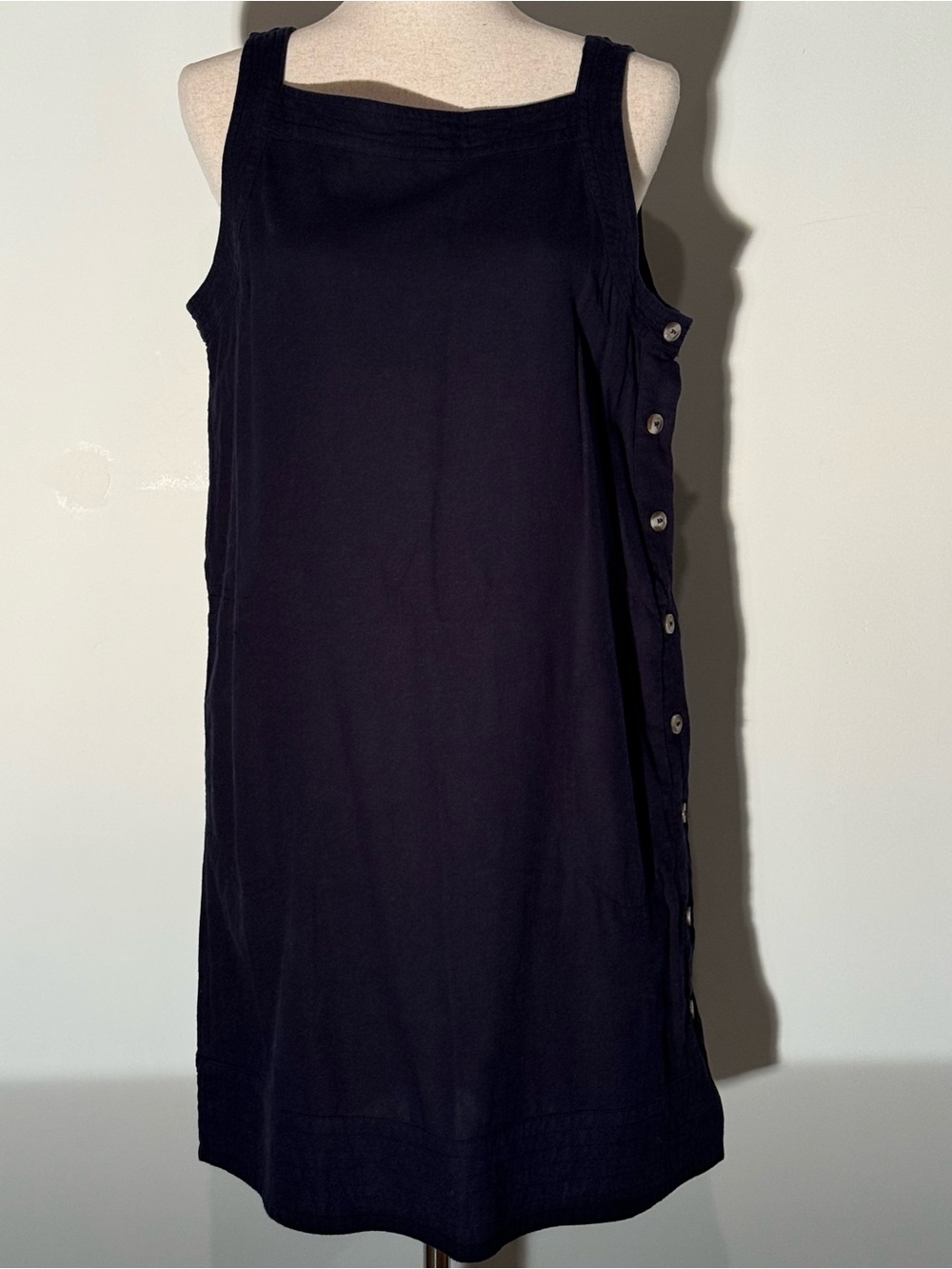 For Cynthia Navy Blue Linen Sleeveless Button-Side Dress